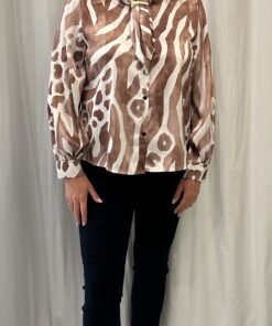 Round Neck Satin Zebra Abstract Print Blouse with a Separate Neck Scarf