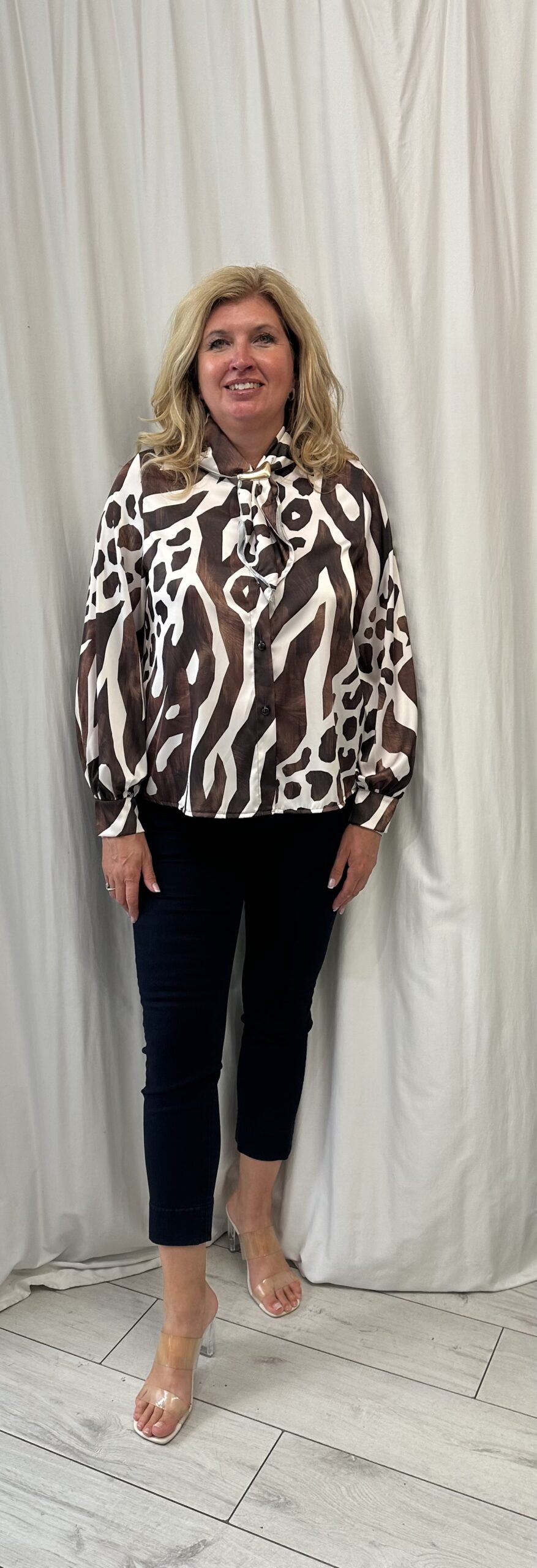 Round Neck Satin Zebra Abstract Print Blouse with a Separate Neck Scarf