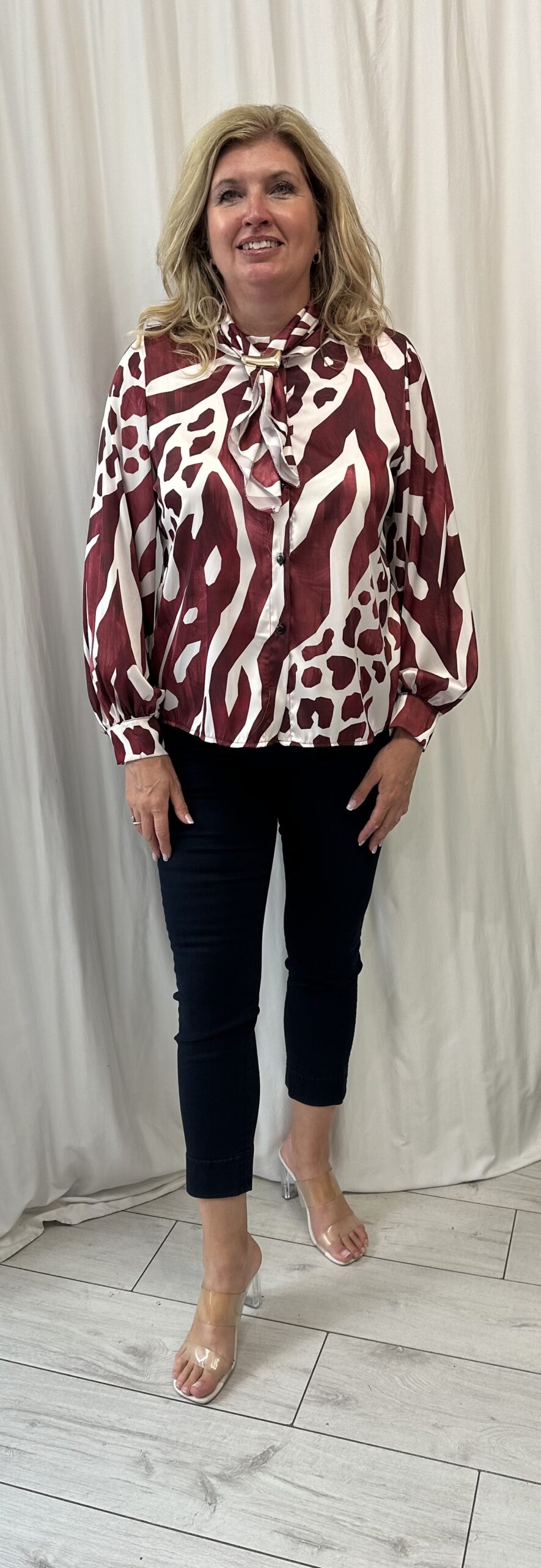 Round Neck Satin Zebra Abstract Print Blouse with a Separate Neck Scarf