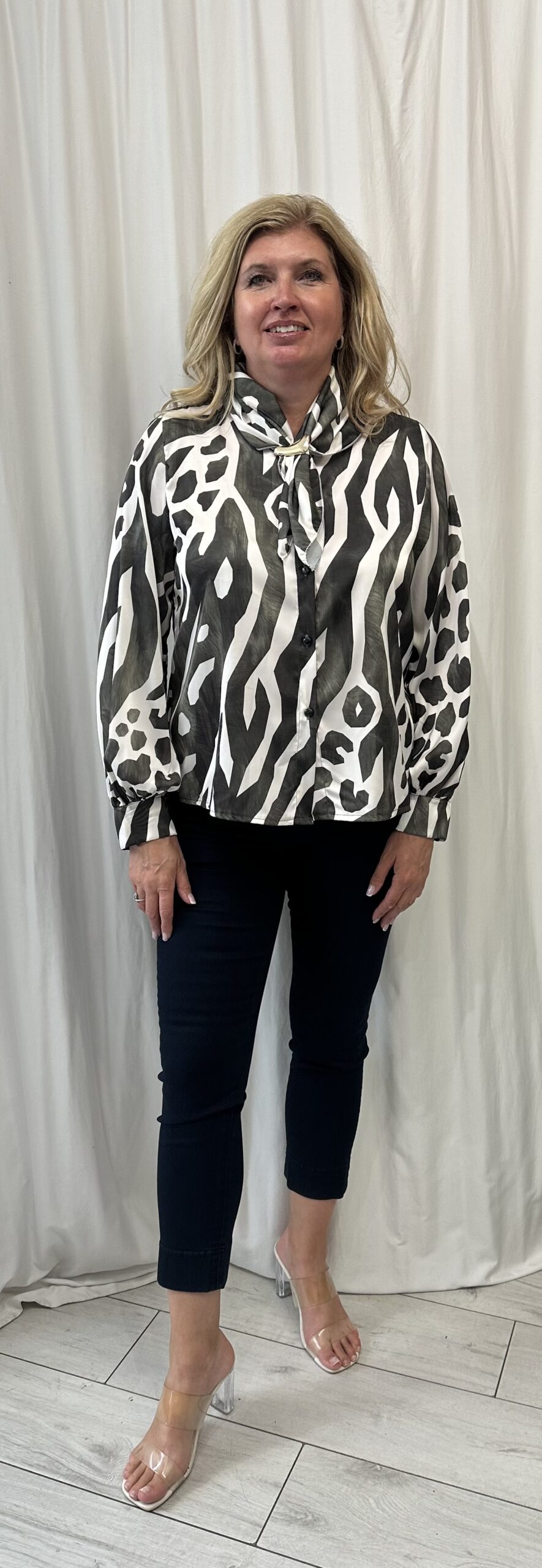 Round Neck Satin Zebra Abstract Print Blouse with a Separate Neck Scarf