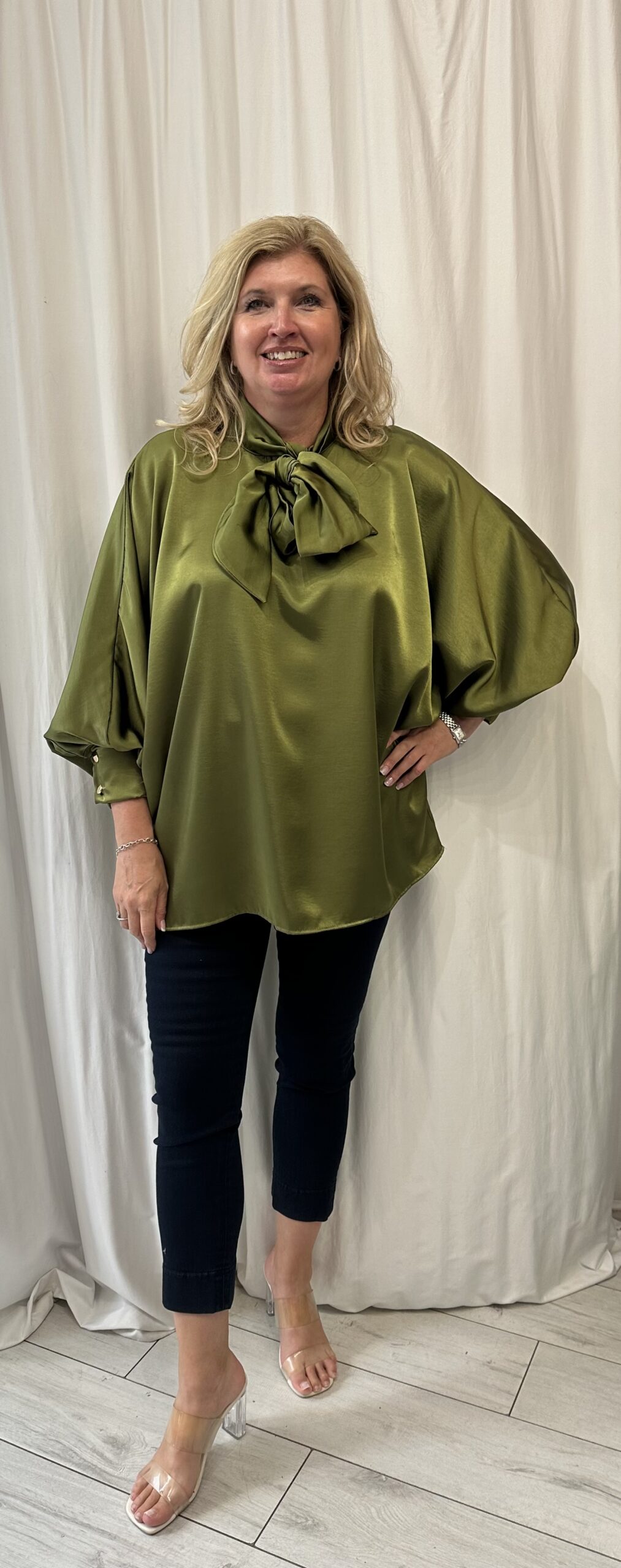 Satin Batwing Style Pussy Bow Blouse