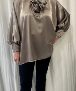 Satin Batwing Style Pussy Bow Blouse