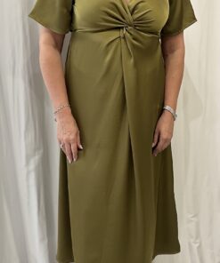 Satin V Neck Twist Front Midi Dress