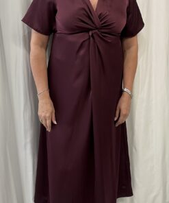 Satin V Neck Twist Front Midi Dress