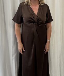 Satin V Neck Twist Front Midi Dress