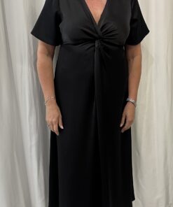 Satin V Neck Twist Front Midi Dress